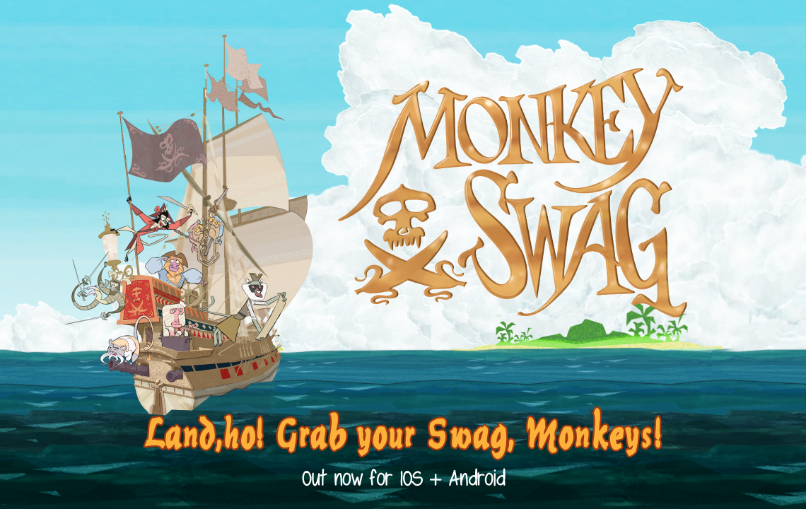 Monkey Swag: Title screen, showing the ship Flying Banana and the crew of pirate monkeys.