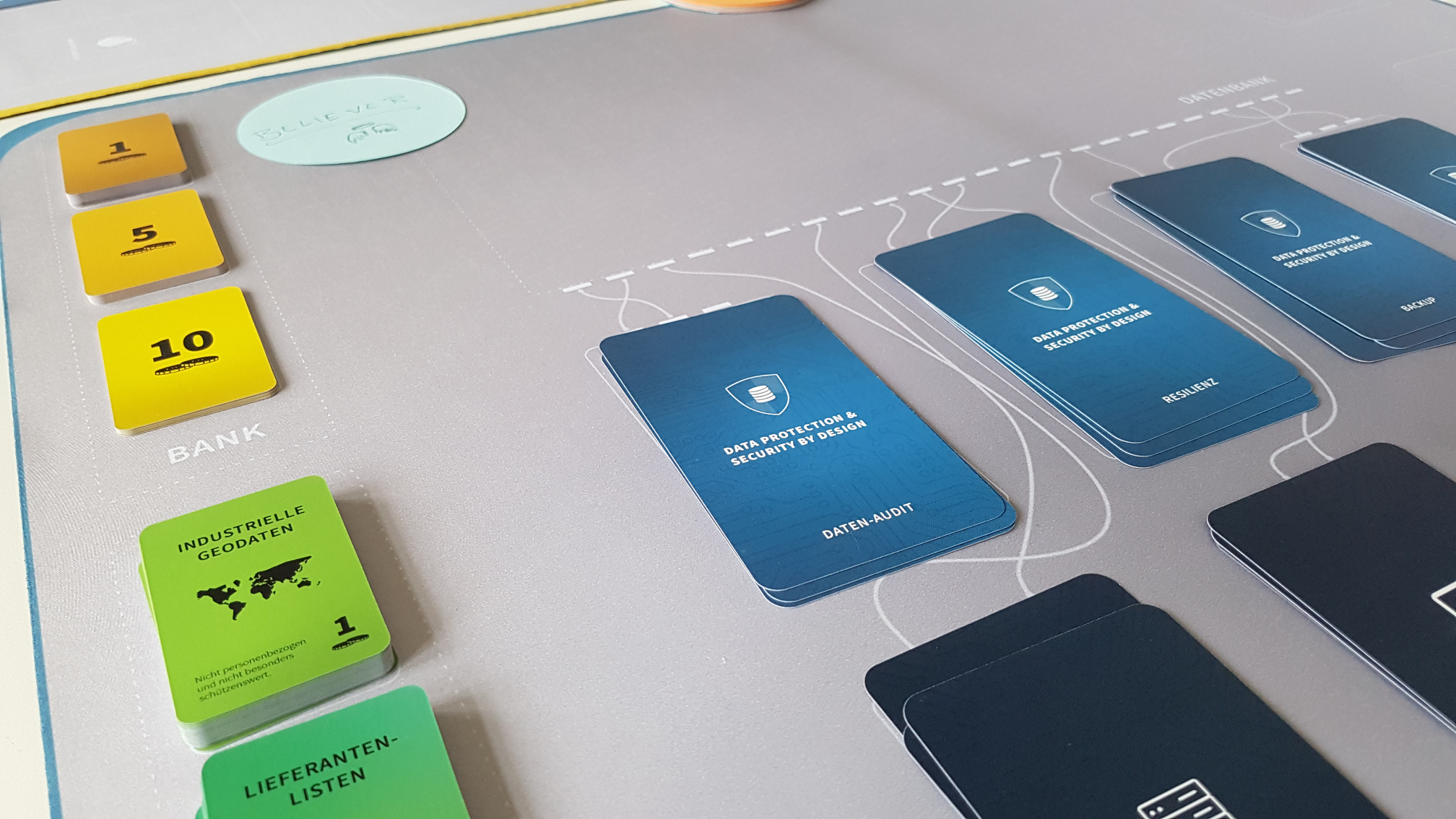 Admins and Hackers: A photo of the card game. There is a play mat with cards that represent the data center of a business, and protective measurements. There are also cards that represent data and money.