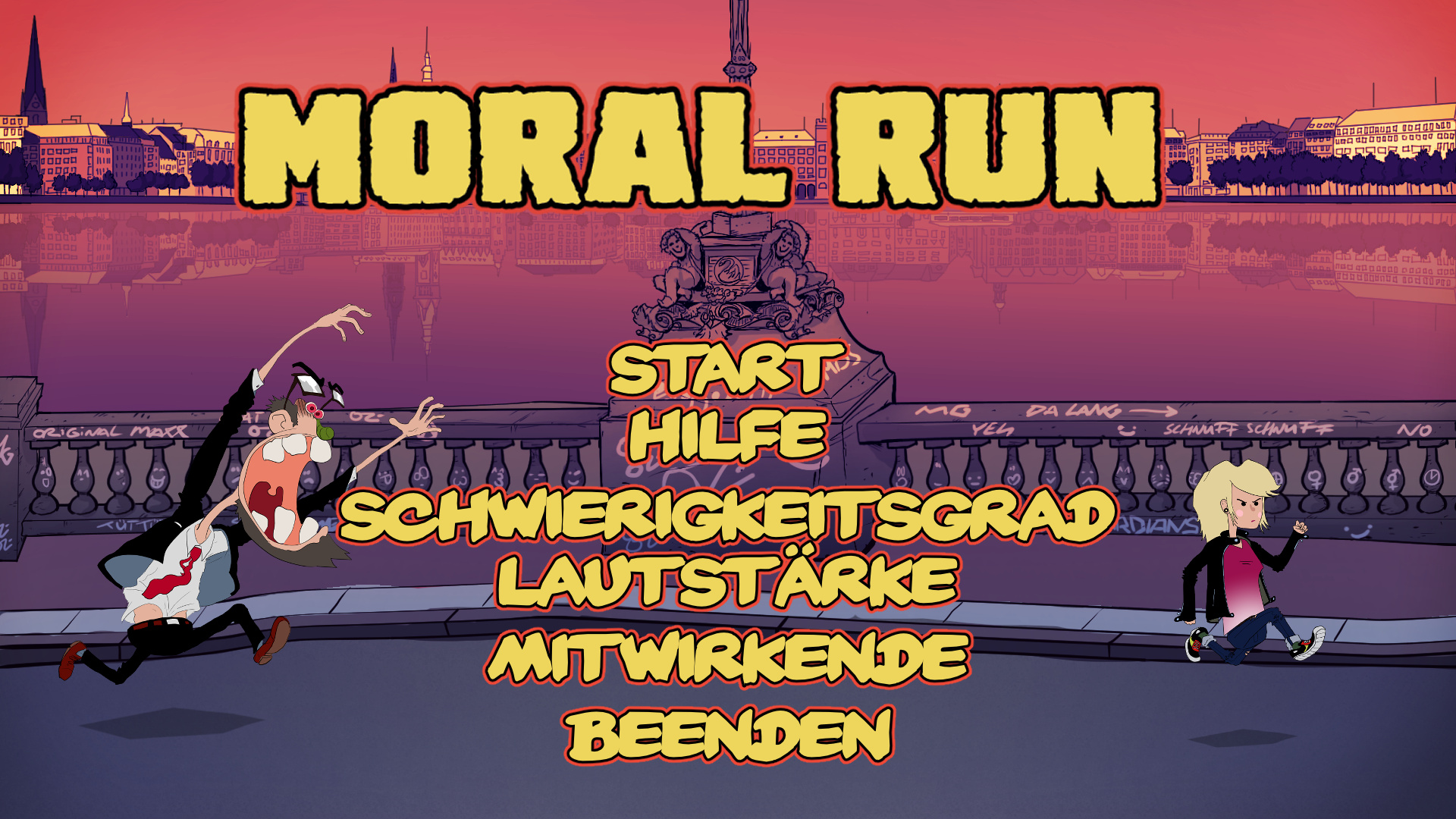 Moral Run: The title image of the game. The style is cartoony. Besides showing menu buttons, there is a bridge on which a blonde young woman is running from an angry middle aged man.