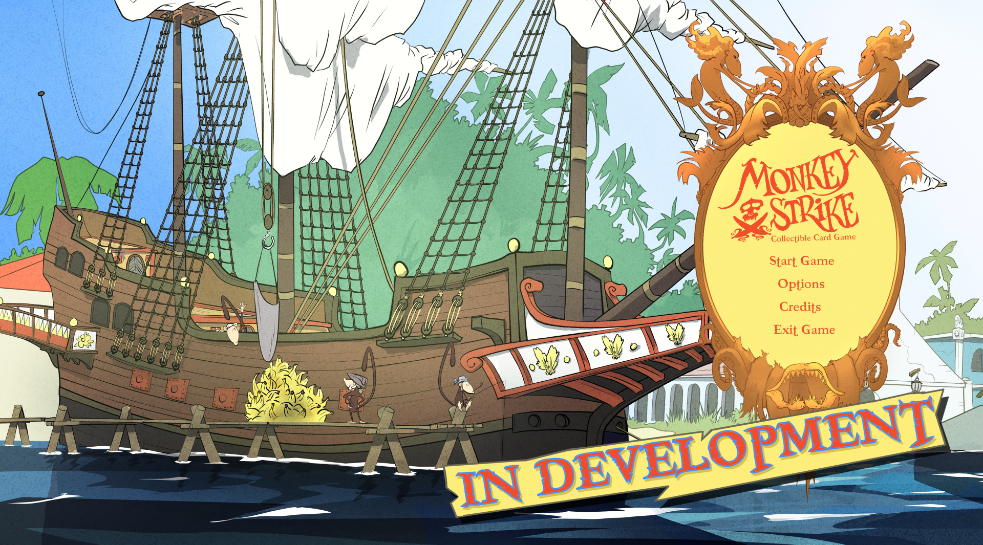 Monkey Strike: Title Screen of the game prototype, showing a ship and a bunch of monkey pirates