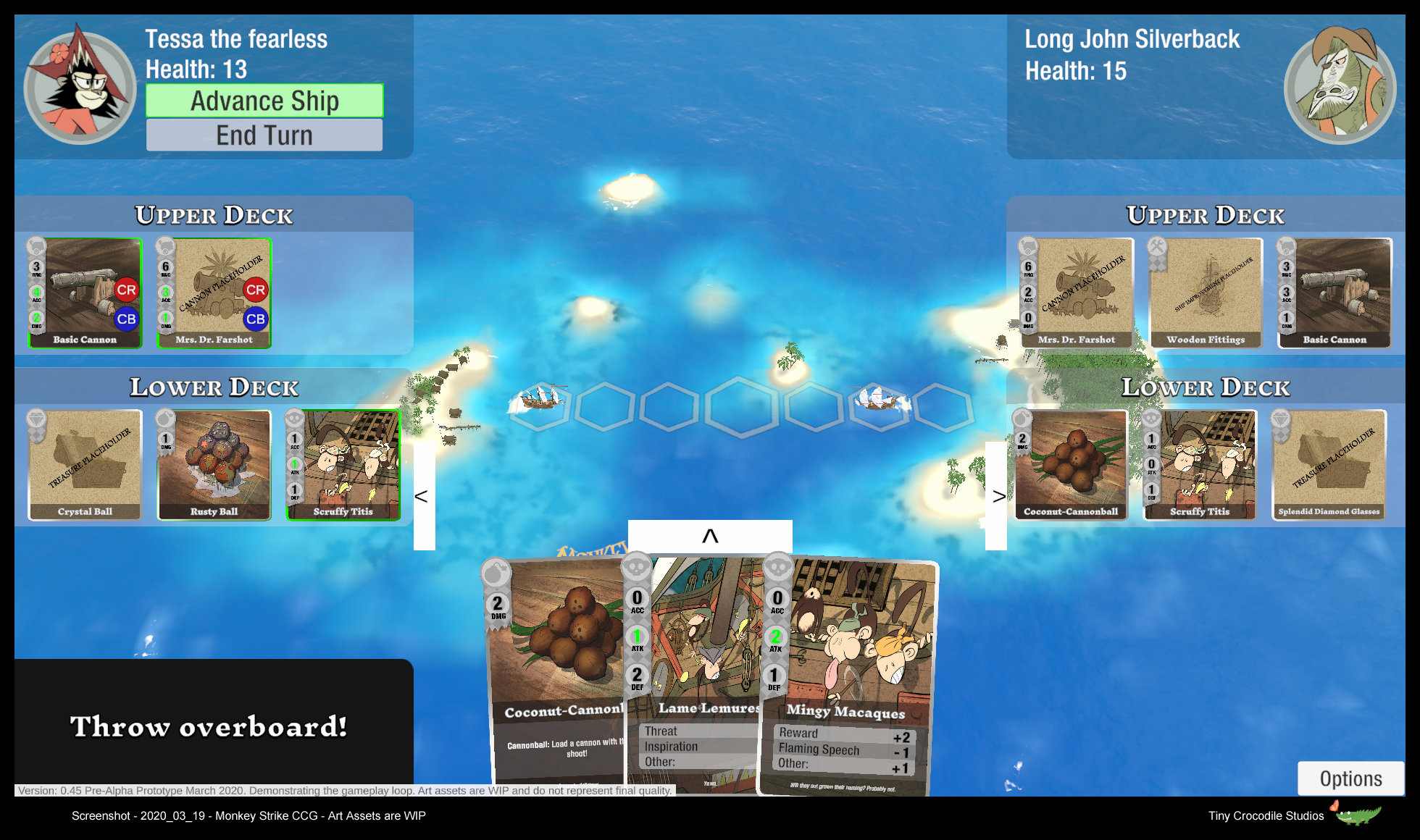 Screenshot of the game prototype Monkey Strike, showing two ships on the playing field