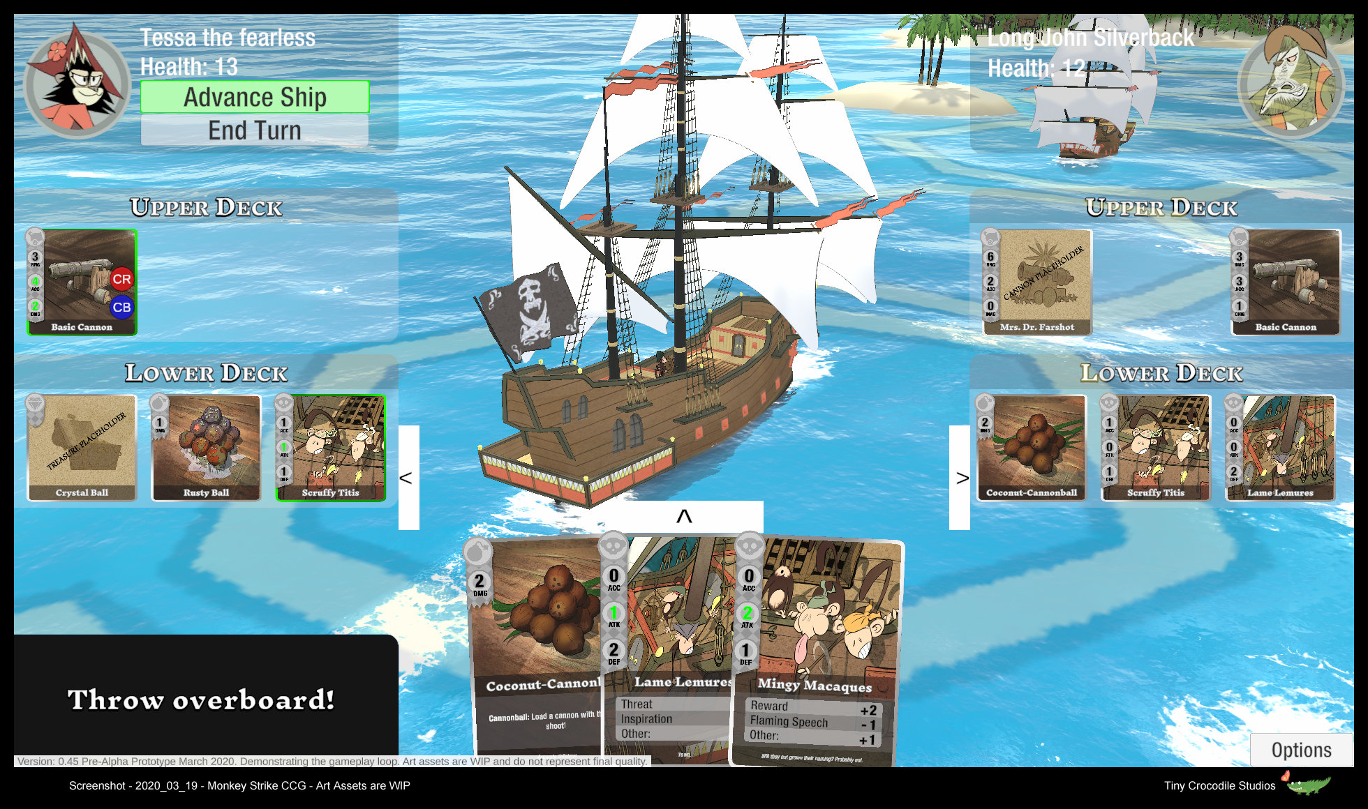 Screenshot of the game prototype Monkey Strike, showing two ships on the playing field