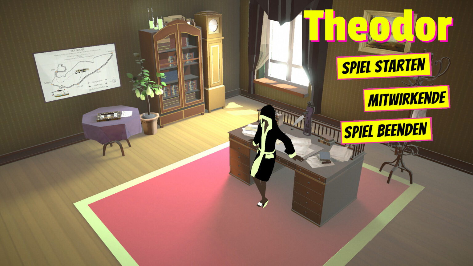 Theodor: Title Screen of the game. It shows an office in the style of the 1800s, decorated with items that symbol Theodor Fontane's life. On an old wooden desk, there is a person leaning, wearing a black and yellow bathrobe.