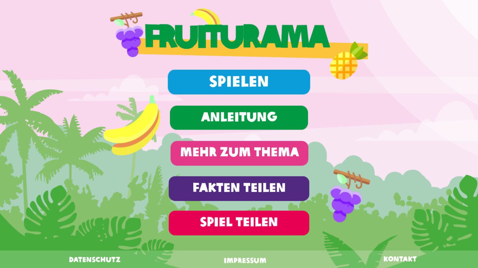 Fruiturama: Title screen for the game, showing fruits and menu buttons.