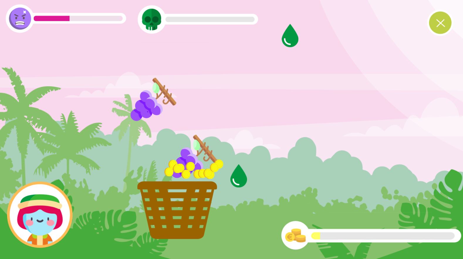 Screenshot from the game Fruiturama showing fruits and pesticide drops falling from the top of the screen into a basket.