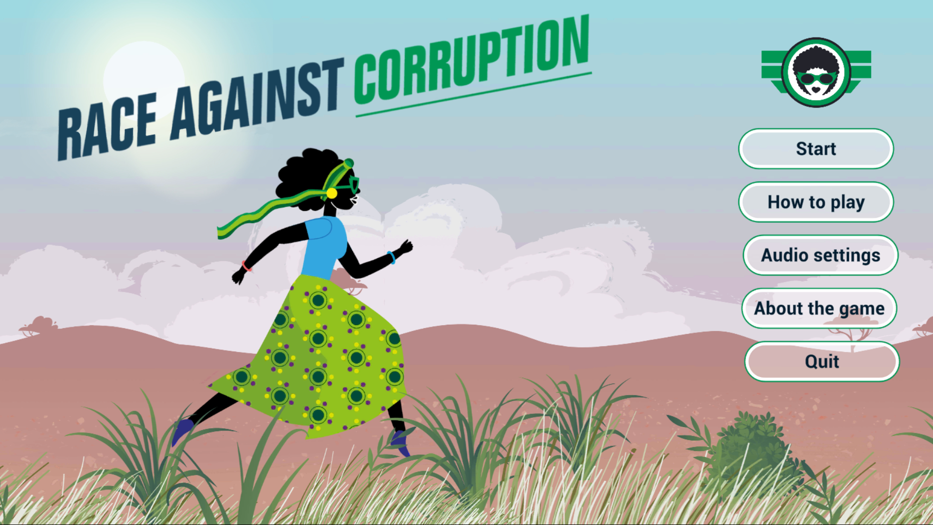 Race Against Corruption: Title Screen for the Game, showing an woman from Zambia, running on her mission to fight corruption!