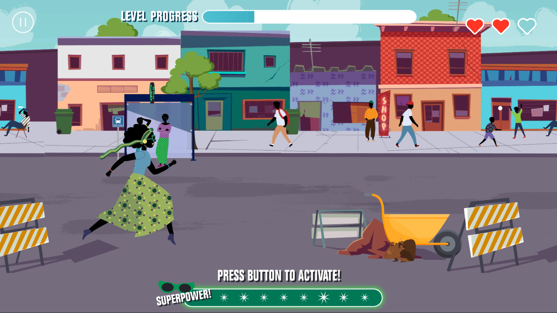 A scene from the game Race Against Corruption showing a woman from Zambia running and jumping through an urban scene. Hidden in the scene is a corrupt chameleon.
