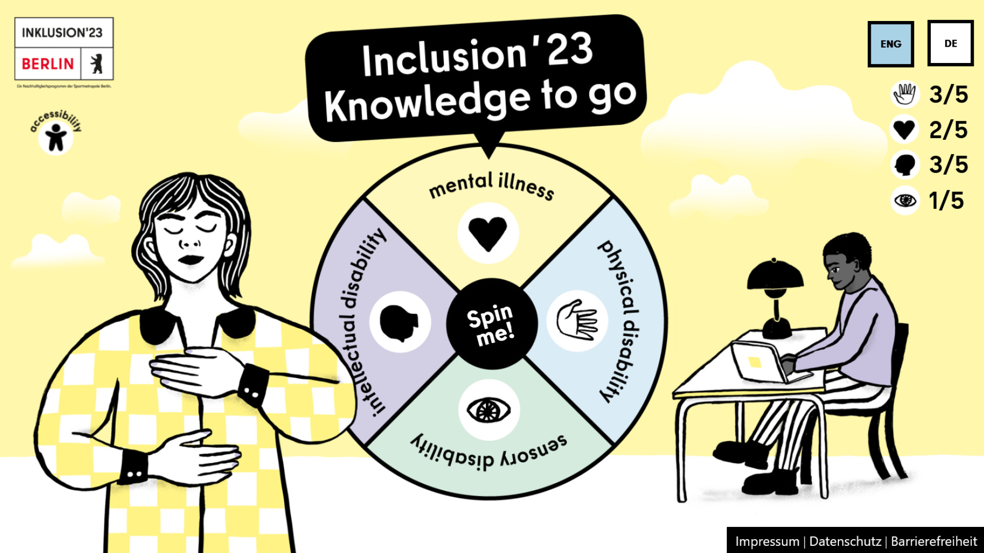The wheel of fortune landed on the category mental illness. The background image changed and now shows a person who takes a deep breath, and a person working on a laptop.