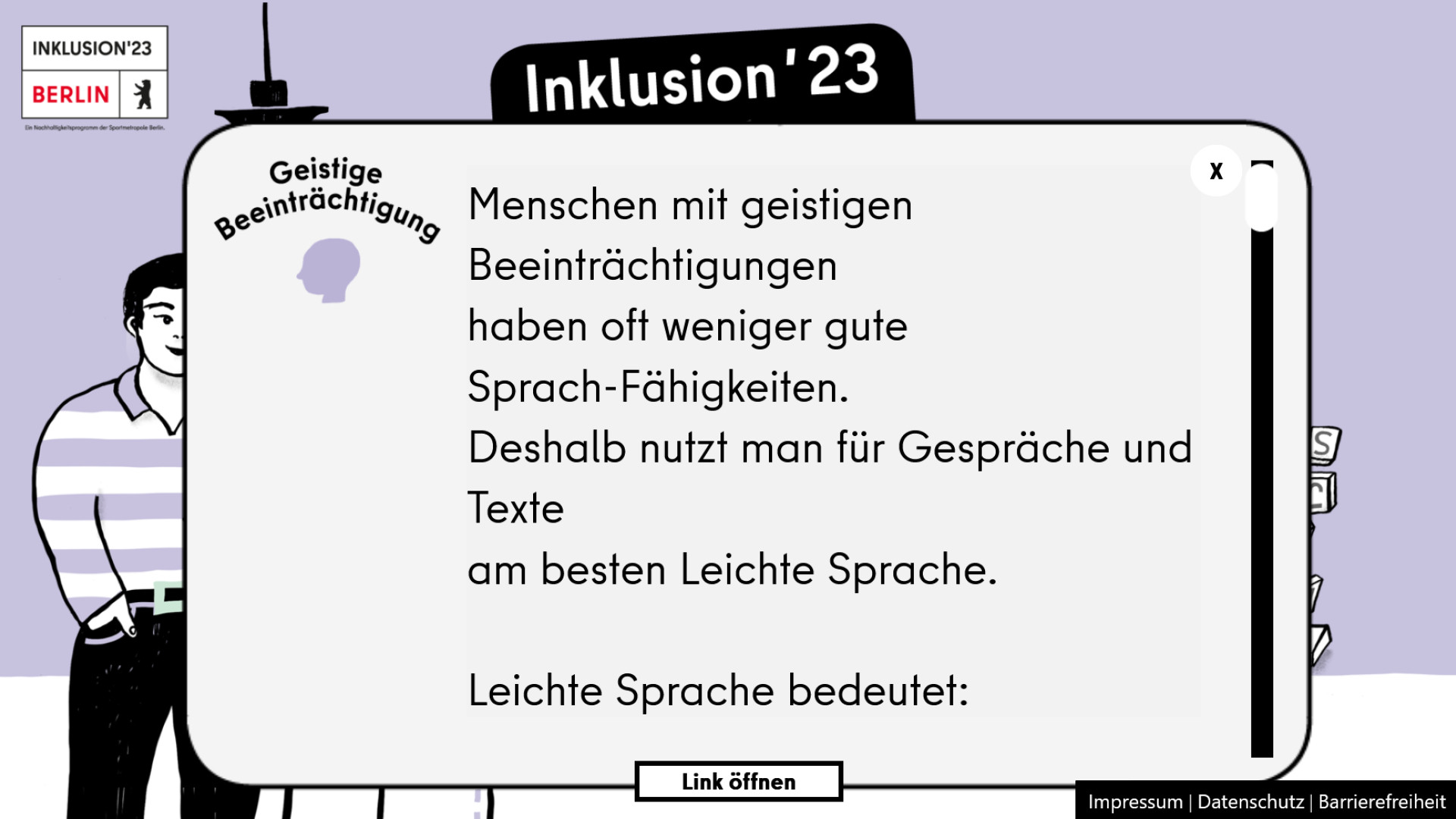 A text pop up shows the start of the description in german language: Menschen mit geistigen Beeinträchtigungen haben oft weniger gute Sprach-Fähigkeiten. Deshalb nutzt man für Gespräche und Texte am besten Leichte Sprache.