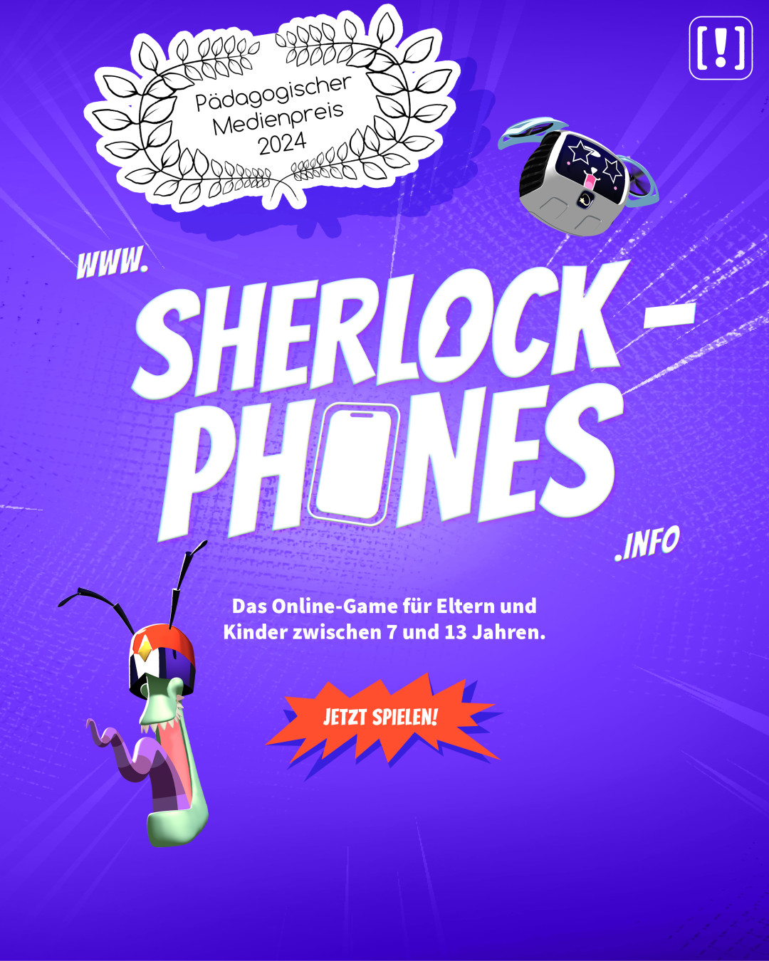 Sherlock Phones: The title image of the game, showing the virus Cypher with sharp teeth and an evil but also cute grin, and the antivirus program Nova, looking like a small robot dog with no limbs but propeller ears. Also visible is a badge titled Pädagogischer Medienpreis.