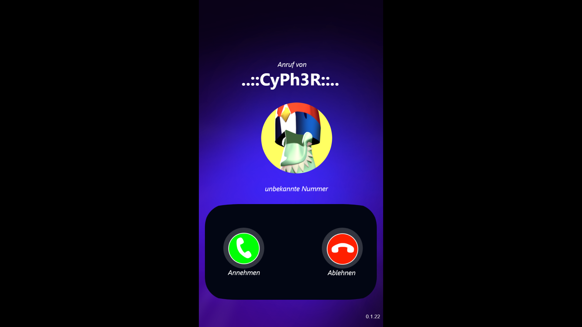 A call screen. Cypher is calling with an unknown number. The player has the option to pick up or recline the call. Cypher is an evil computer virus. He has a green head, sharp teeth, a red helmet and a pair of huge dark sunglasses that hide his eyes. The overall look is that of a comic villain.