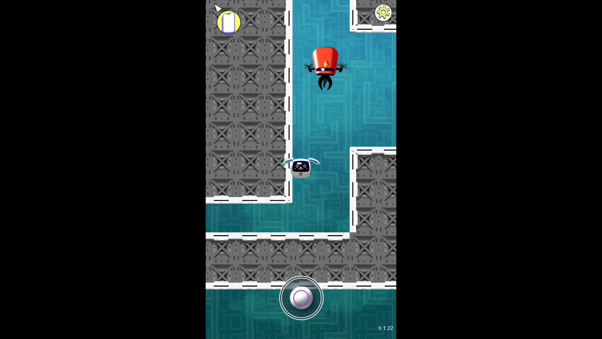 A screenshot of a maze. The player controls Nova with a virtual joystick. A Cypherling is blocking their way. On the edges of the screen are markers that show in which direction the player can find the hidden inventions (in this case, a smartphone).