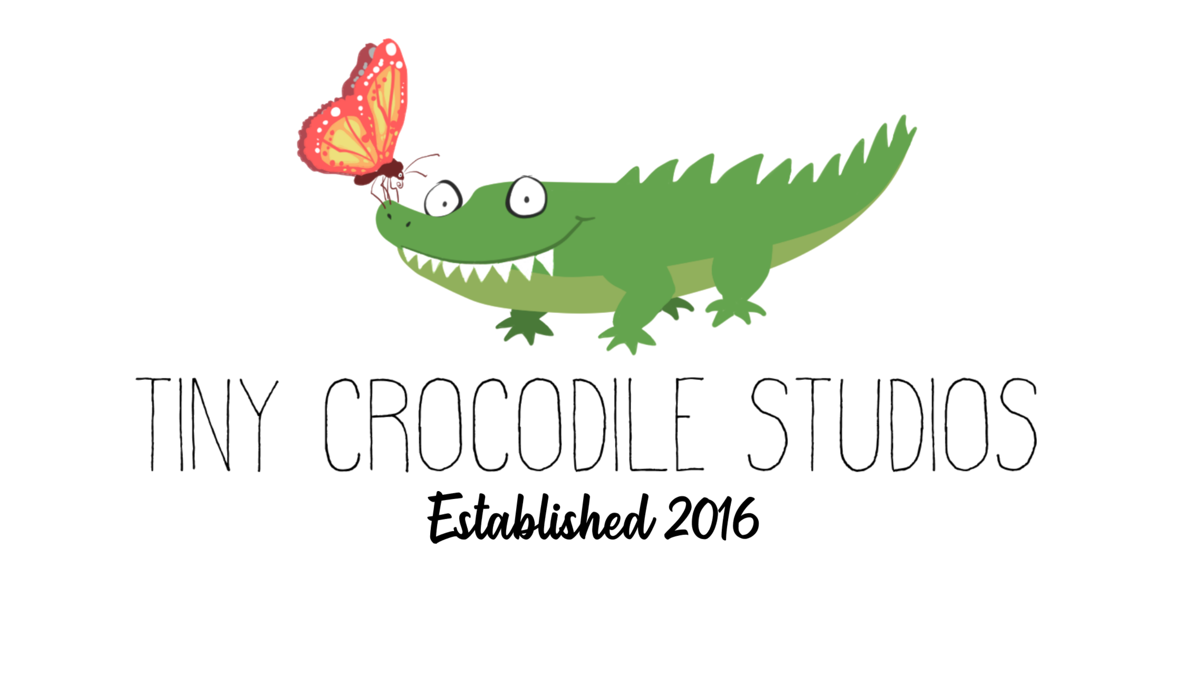 The Tiny Crocodile Studios logo on a white brick wall background.